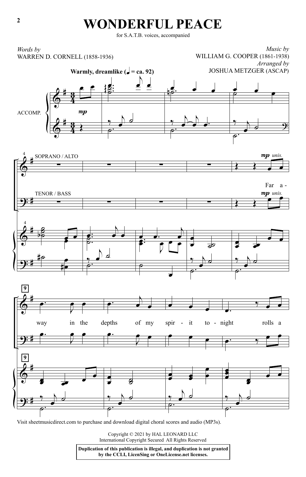 Download Warren D. Cornell and William G. Coo Wonderful Peace (arr. Joshua Metzger) Sheet Music