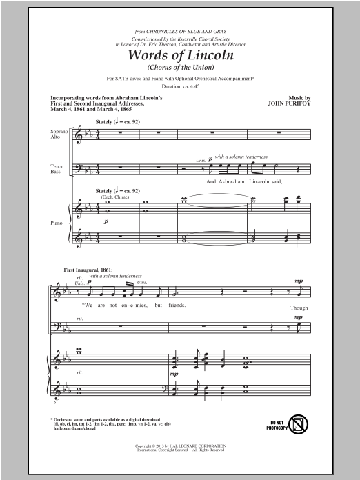 Download John Purifoy Words Of Lincoln (Chorus of the Union) Sheet Music