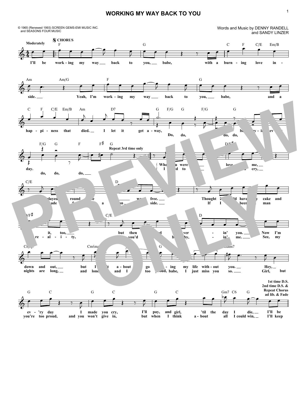 Download The 4 Seasons Working My Way Back To You Sheet Music