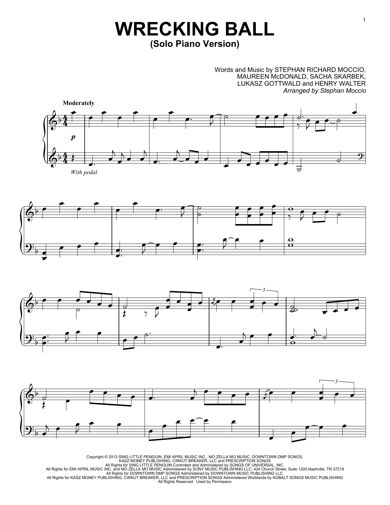 Download Miley Cyrus Wrecking Ball (Solo Piano Version) (arr Sheet Music