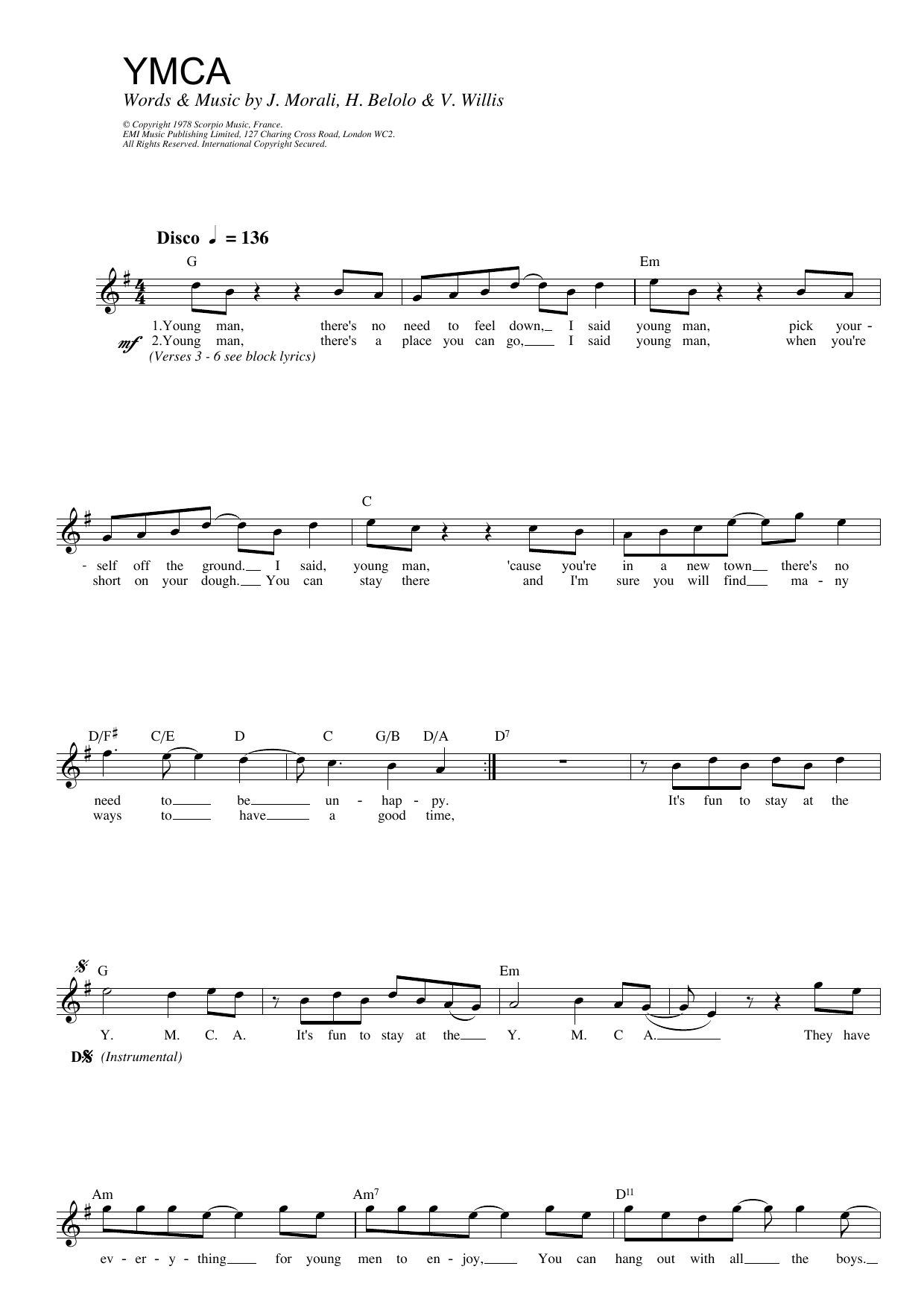 Village People Y.M.C.A. sheet music notes printable PDF score