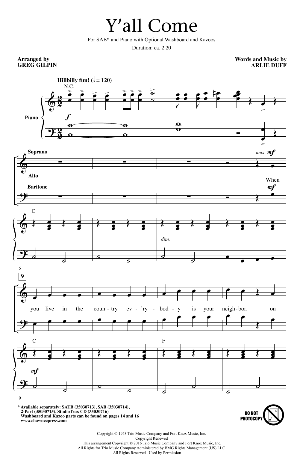 Download Greg Gilpin Y'All Come Sheet Music
