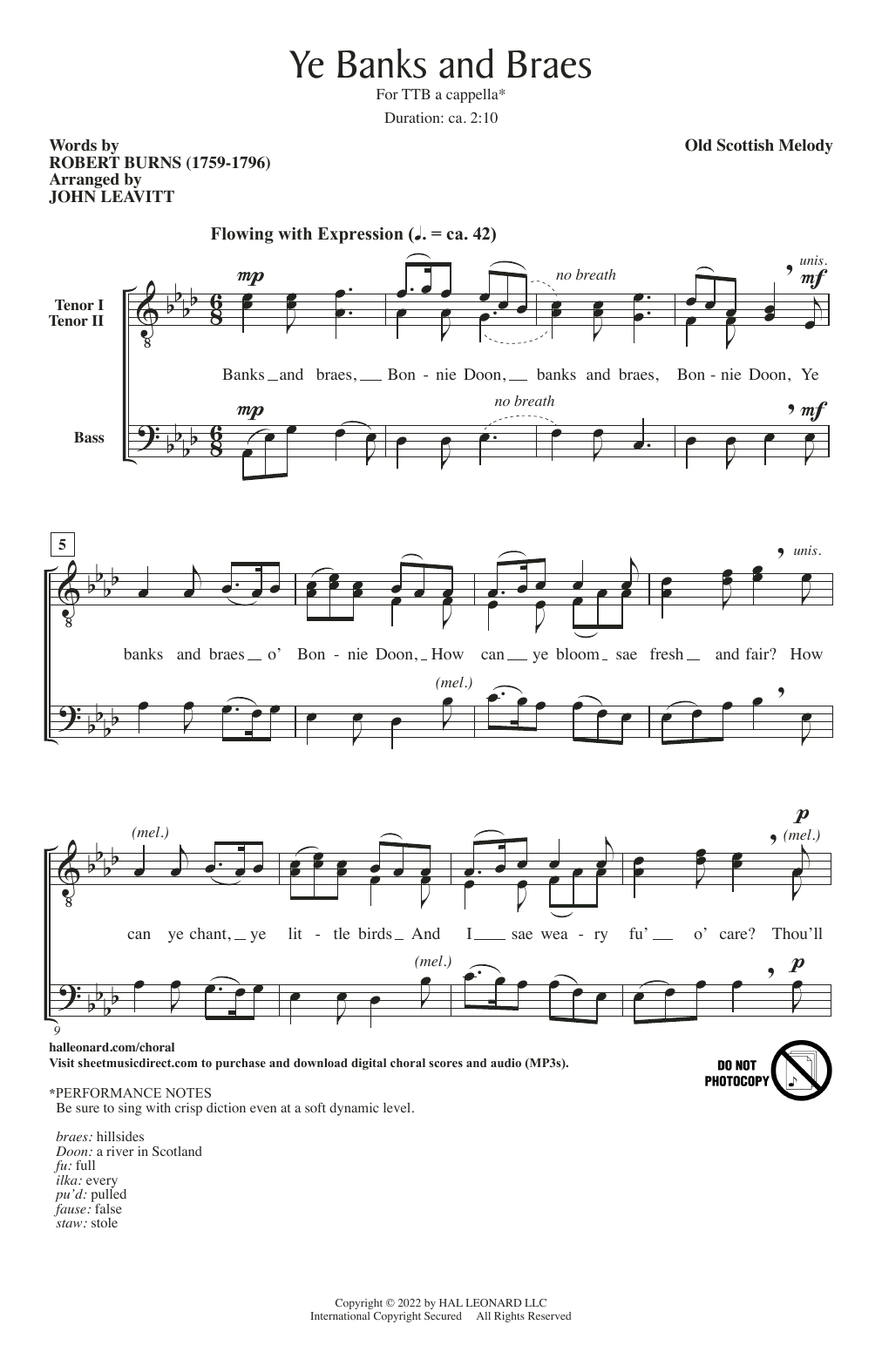 Old Scottish Melody Ye Banks And Braes (arr. John Leavitt) sheet music notes printable PDF score