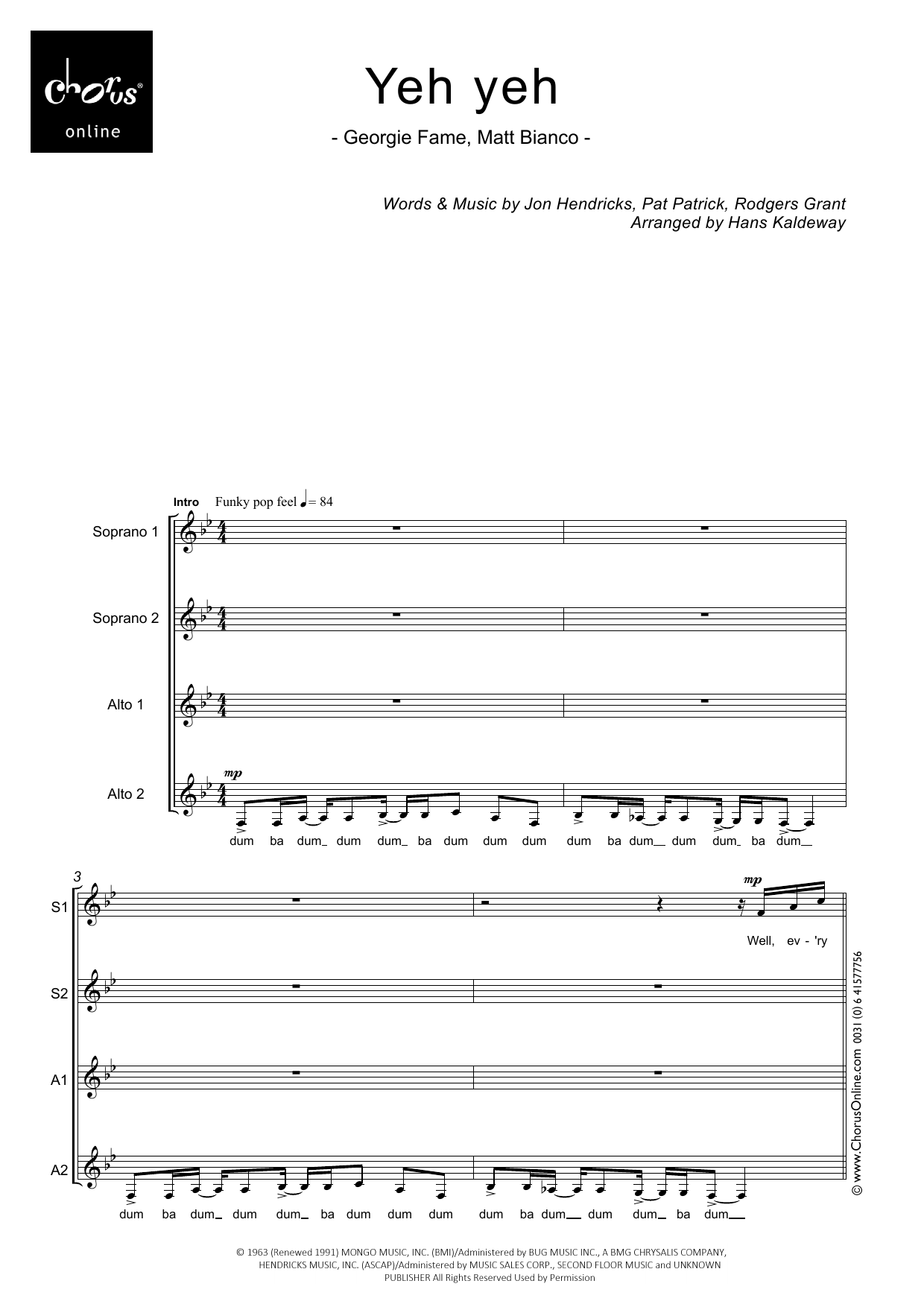 Matt Bianco Yeh Yeh (arr. Hans Kaldeway) sheet music notes printable PDF score