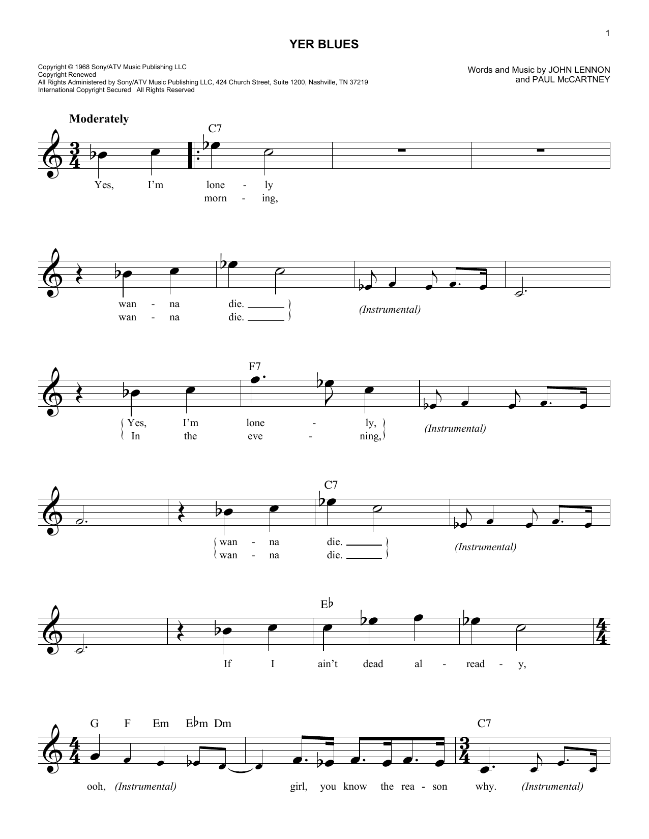 Download The Beatles Yer Blues Sheet Music