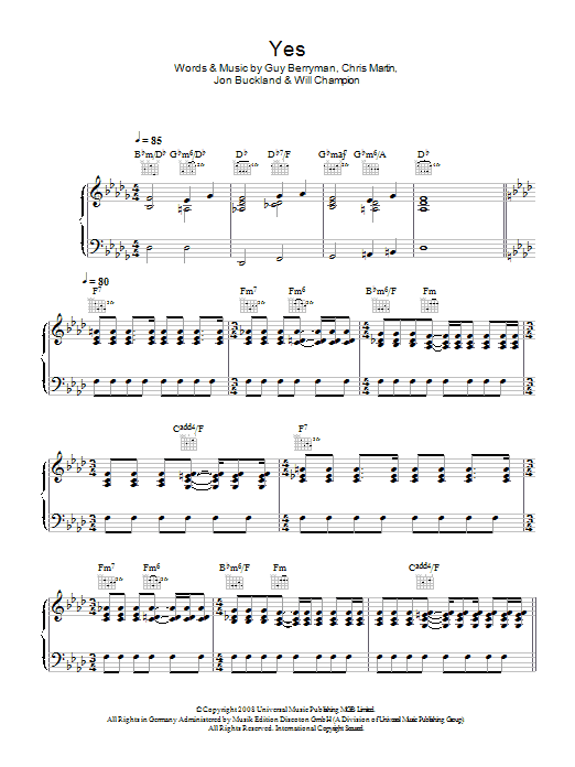 Download Coldplay Yes Sheet Music