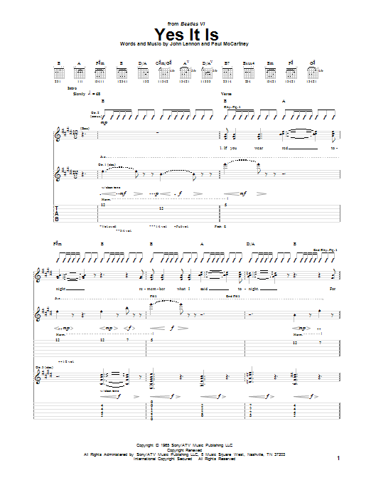 Download The Beatles Yes It Is Sheet Music