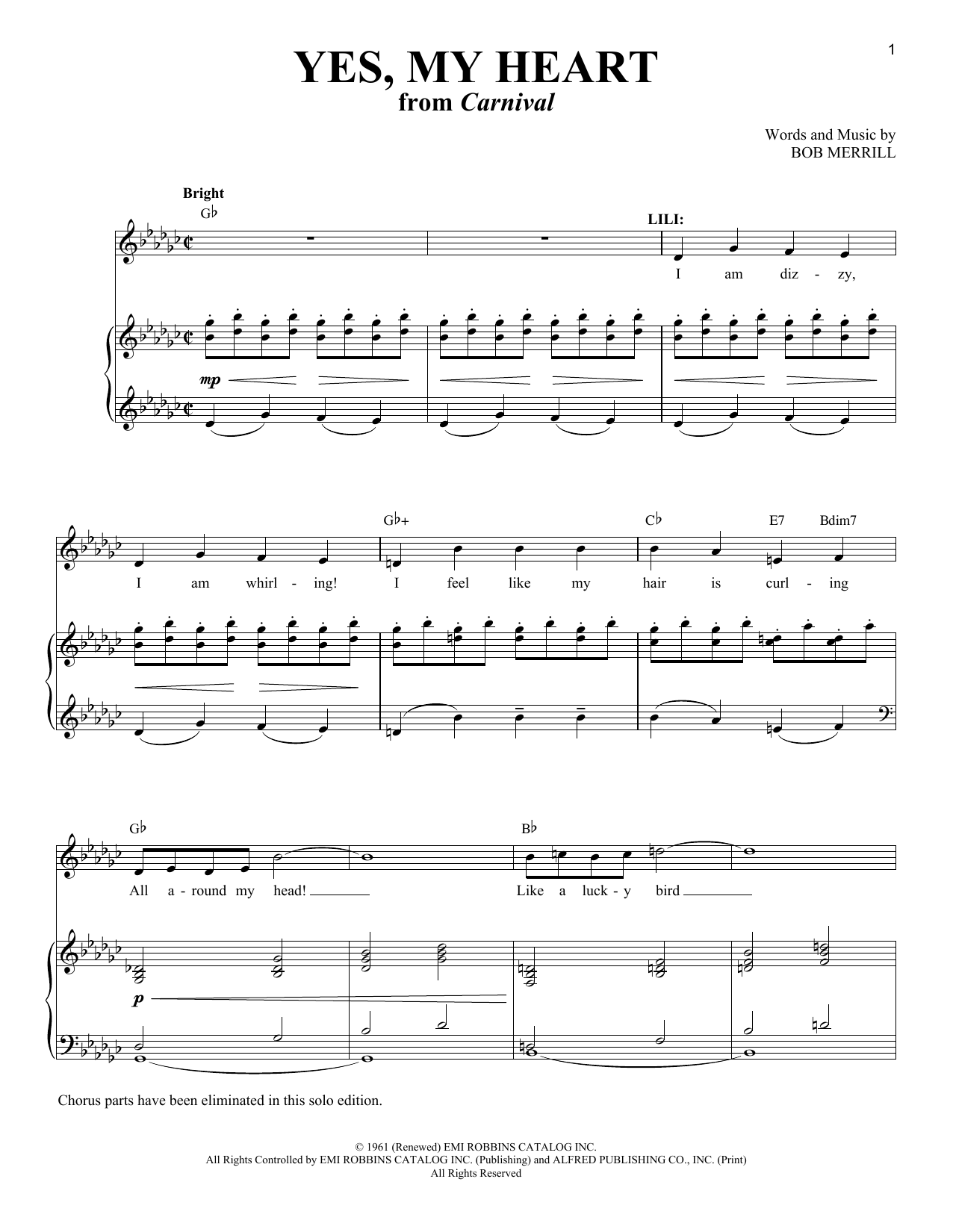 Download Bob Merrill Yes, My Heart (from Carnival) Sheet Music
