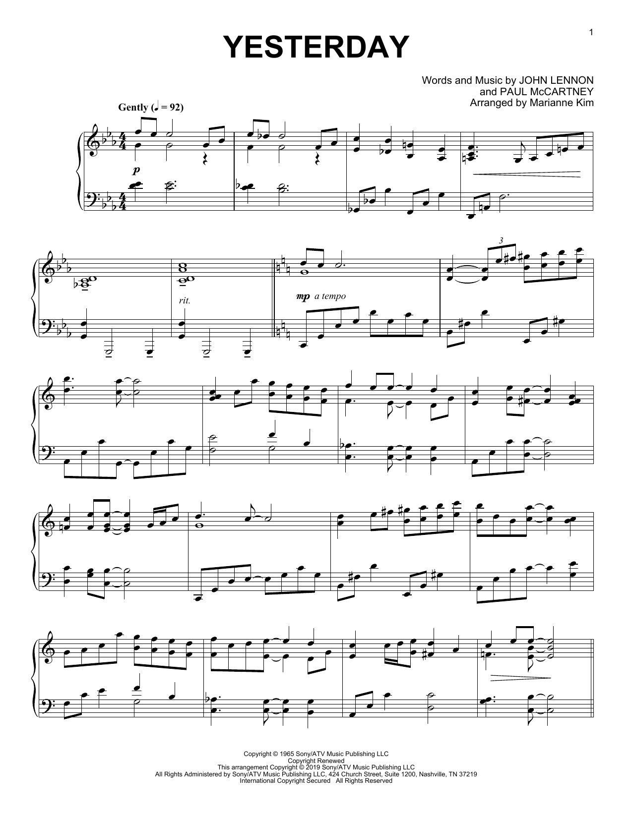 Download The Beatles Yesterday (arr. Marianne Kim) Sheet Music