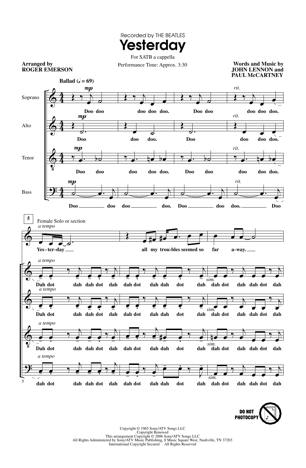 Download The Beatles Yesterday (arr. Roger Emerson) Sheet Music