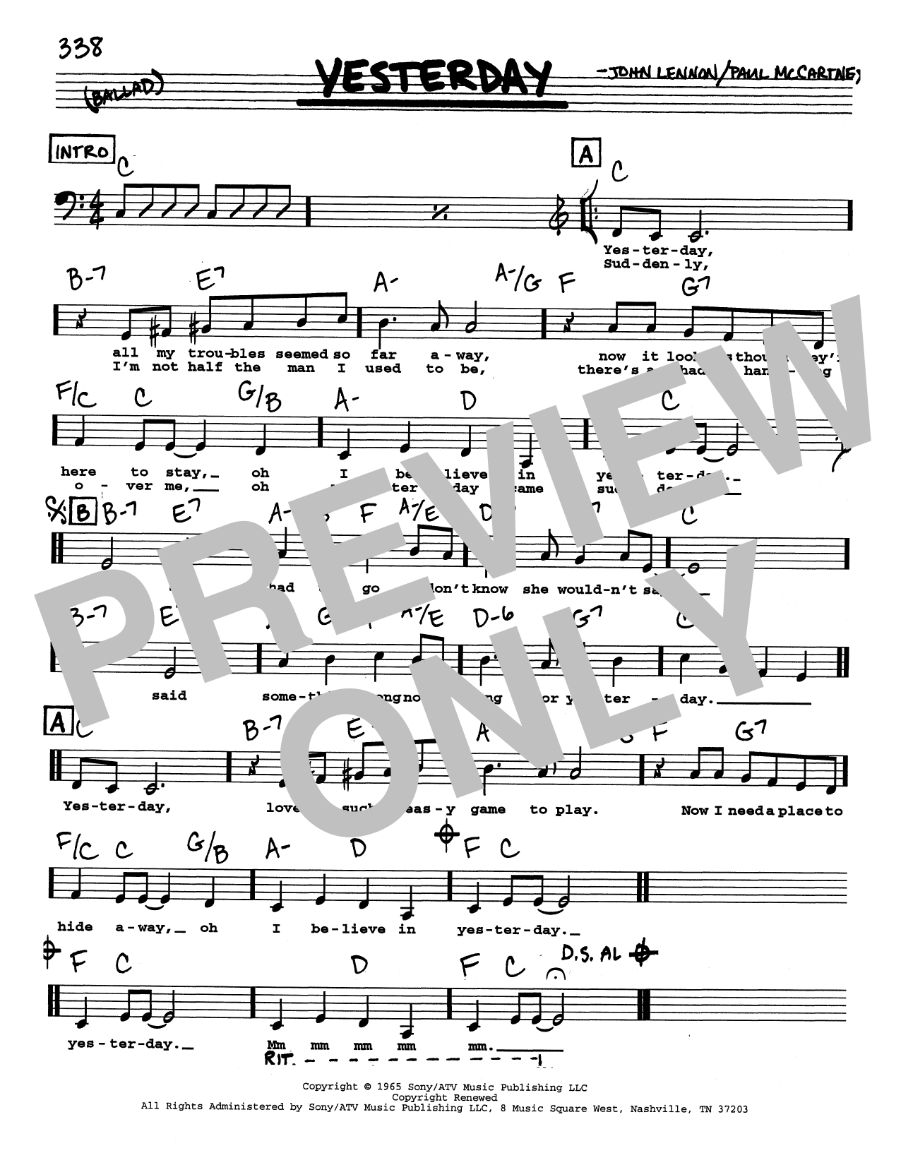 The Beatles Yesterday (Low Voice) sheet music notes printable PDF score