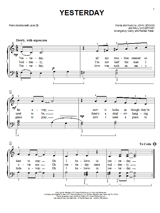 Download Nancy and Randall Faber Yesterday Sheet Music