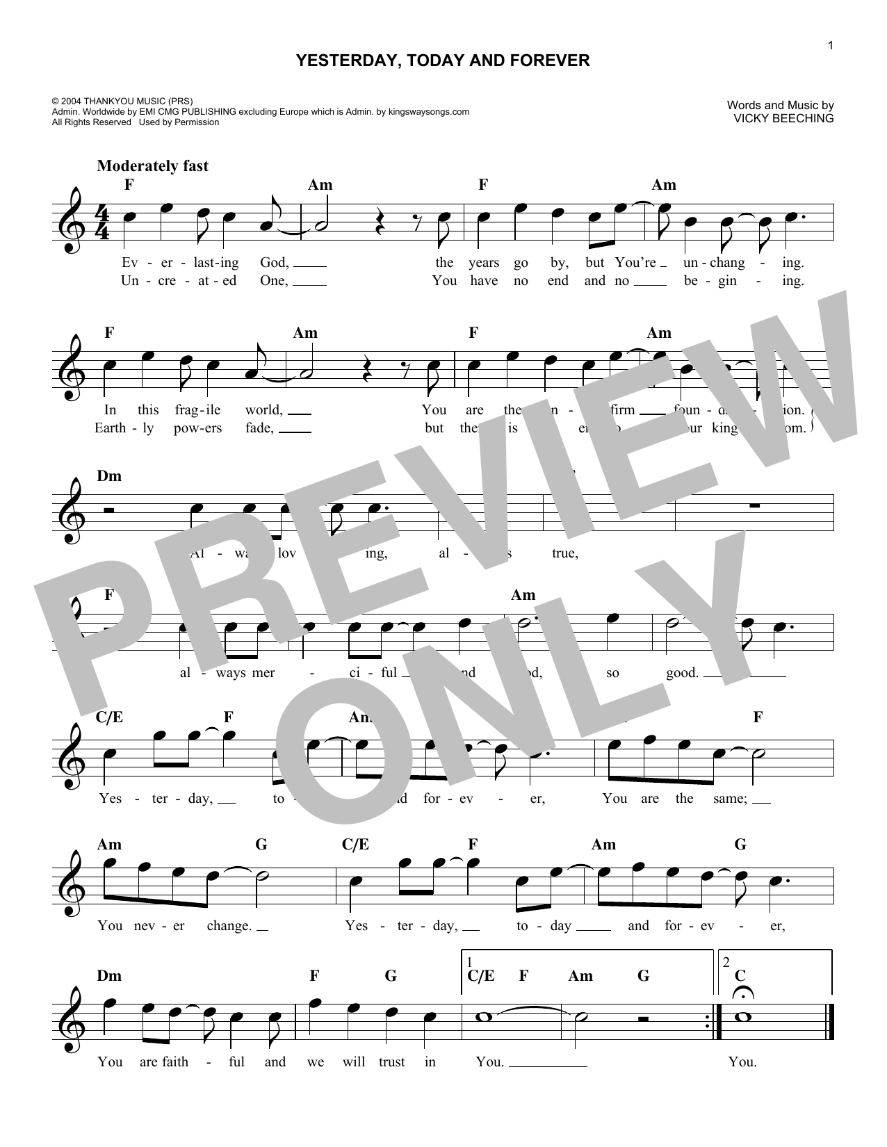Download Vicky Beeching Yesterday, Today And Forever Sheet Music