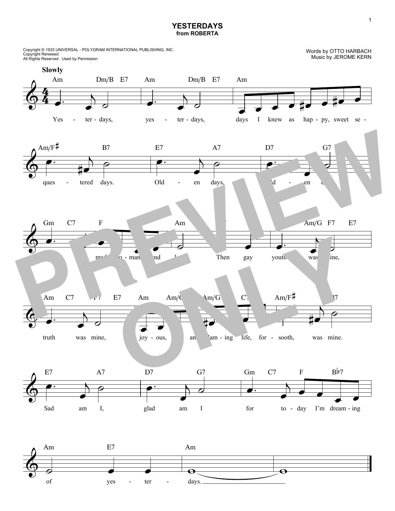 Download Jerome Kern Yesterdays Sheet Music