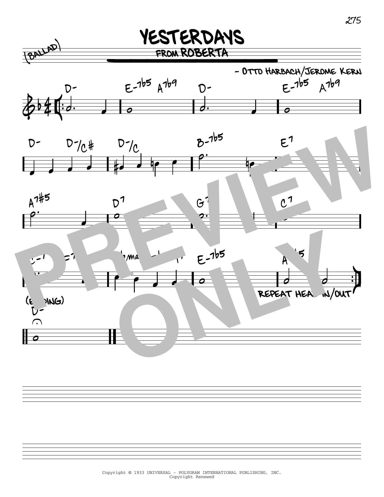 Download Jerome Kern Yesterdays Sheet Music