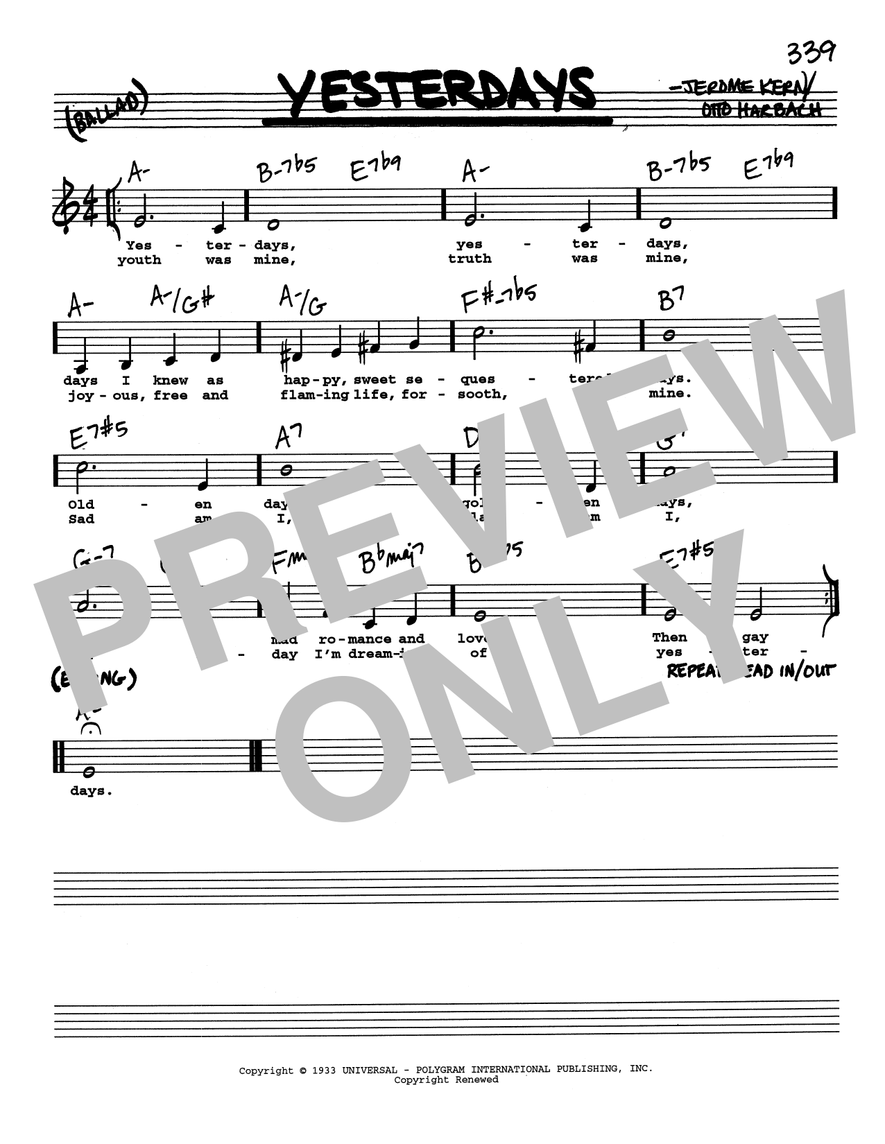 Jerome Kern Yesterdays (Low Voice) sheet music notes printable PDF score