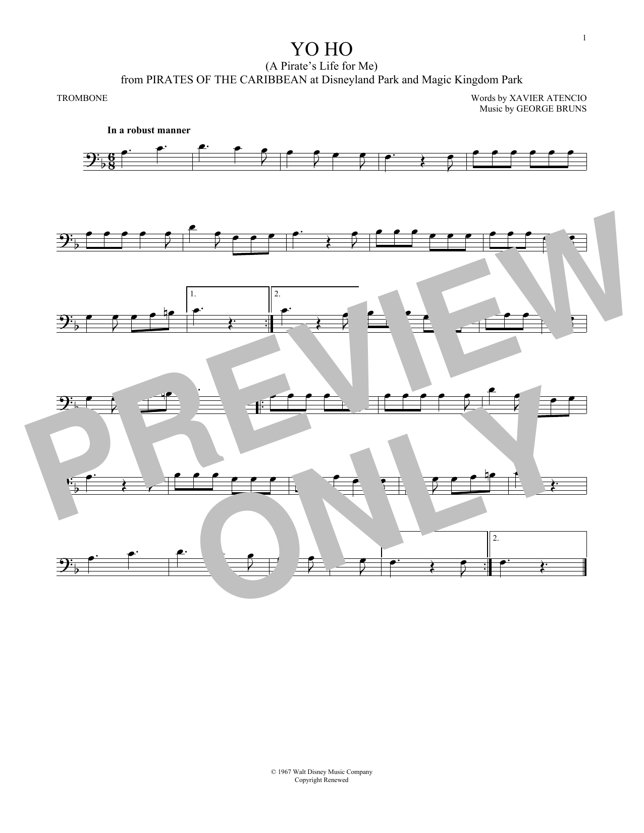Download George Bruns Yo Ho (A Pirate's Life For Me) Sheet Music