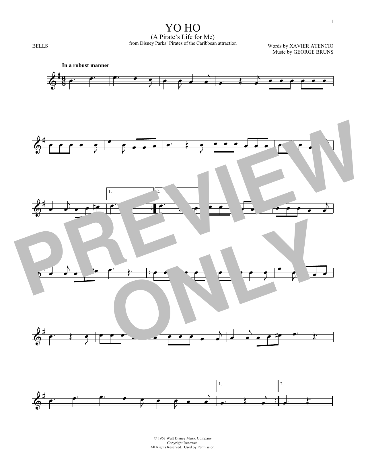 Download George Bruns Yo Ho (A Pirate's Life For Me) Sheet Music