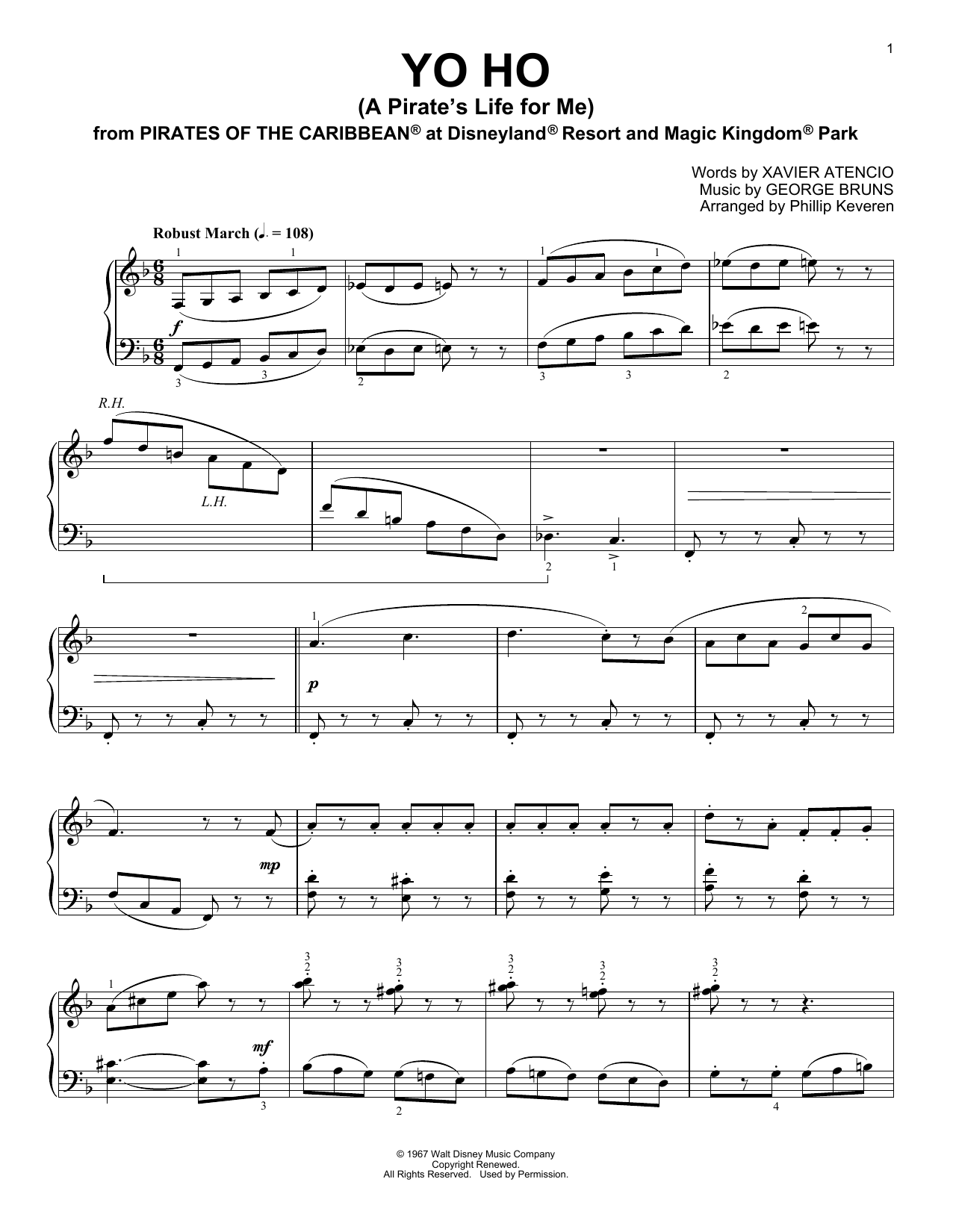 Download George Bruns Yo Ho (A Pirate's Life For Me) [Ragtime Sheet Music