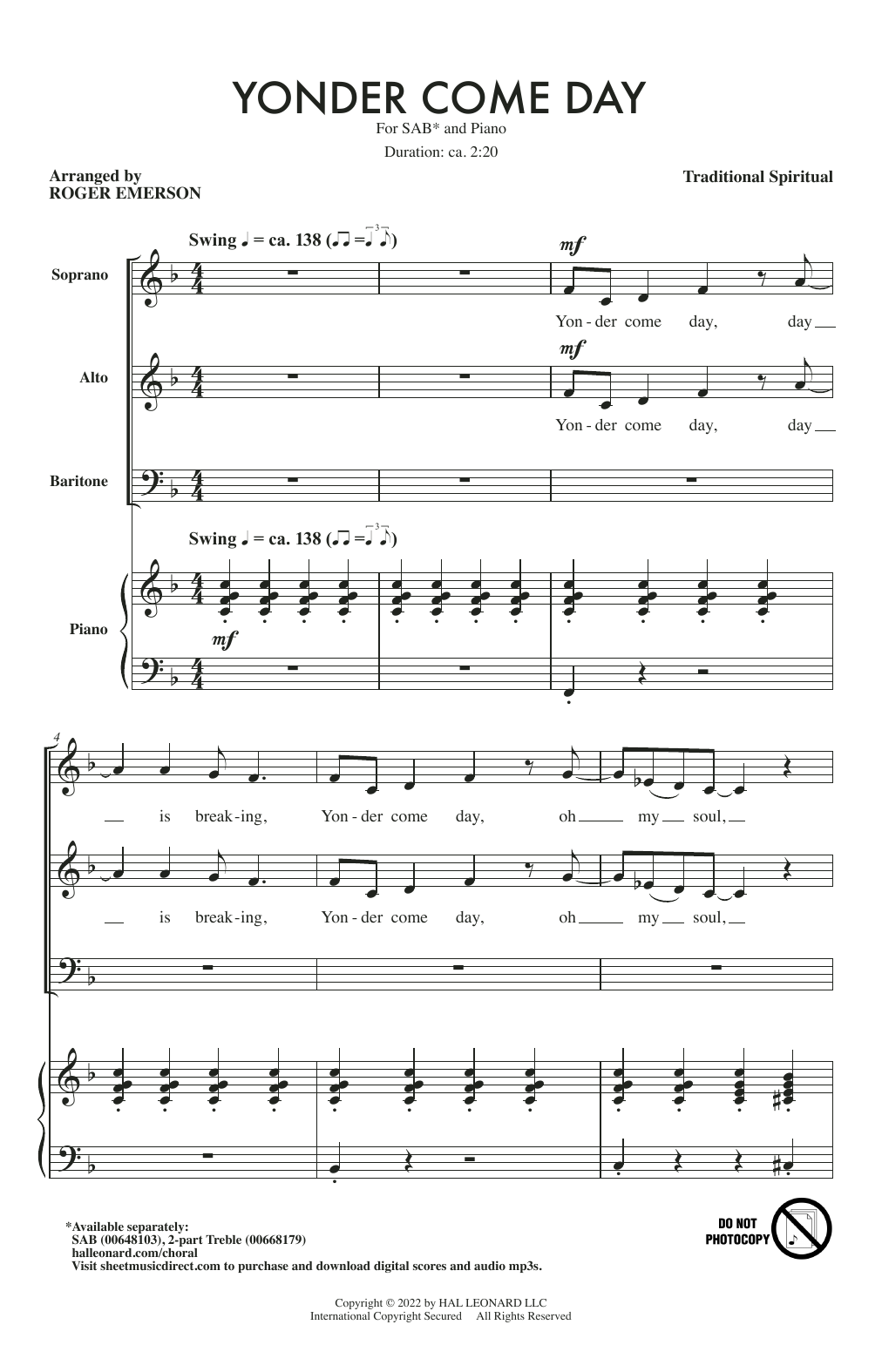 Download Traditional Spiritual Yonder Come Day (arr. Roger Emerson) Sheet Music