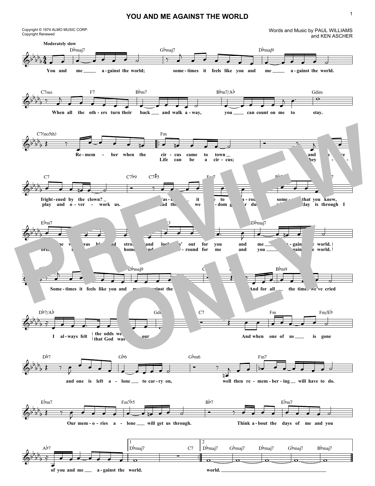 Download Helen Reddy You And Me Against The World Sheet Music