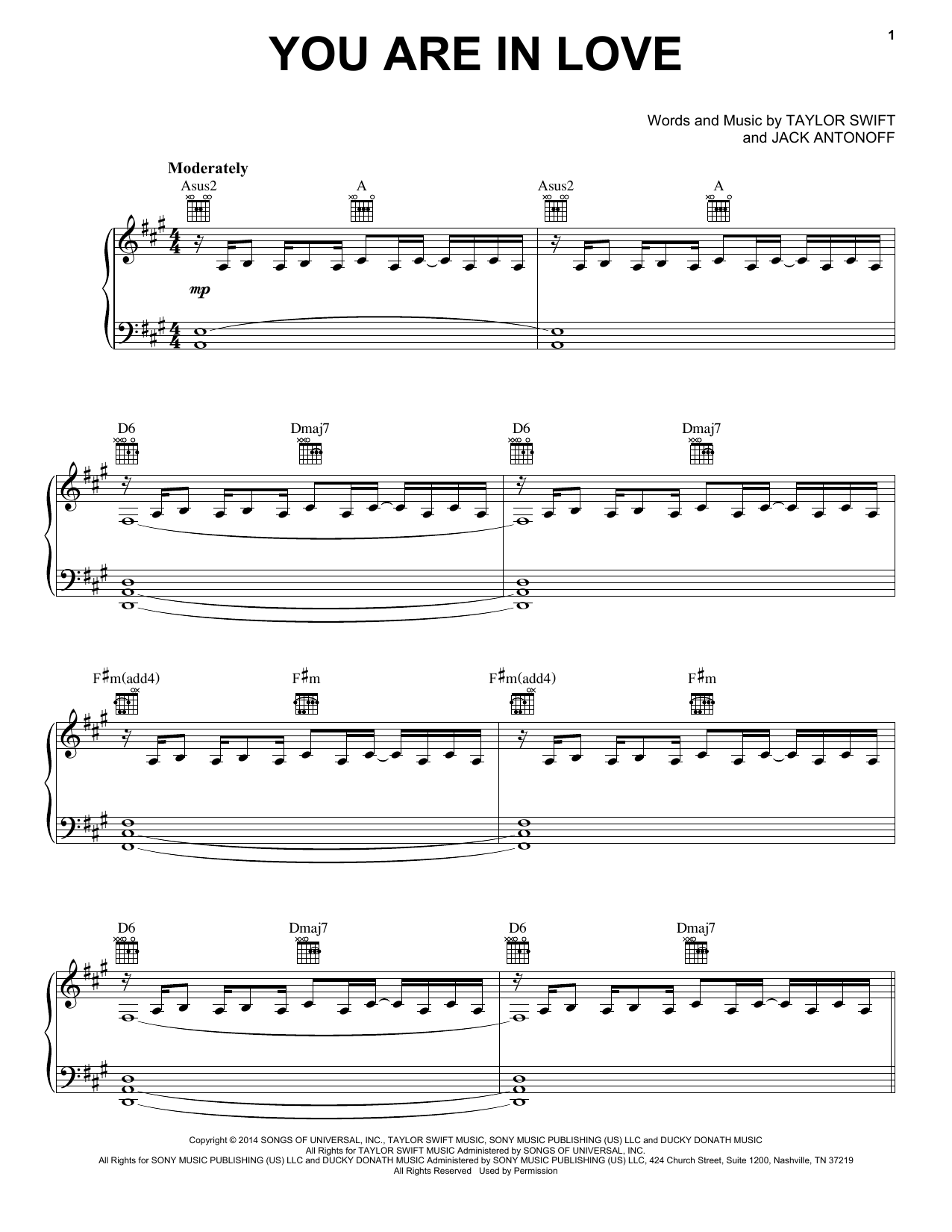 Download Taylor Swift You Are In Love Sheet Music