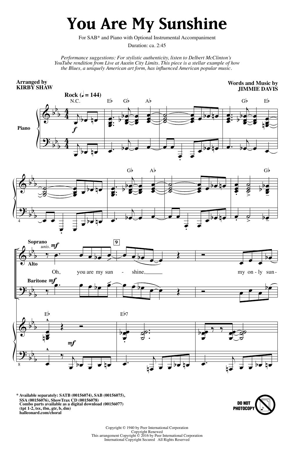 Download Jimmie Davis You Are My Sunshine (arr. Kirby Shaw) Sheet Music