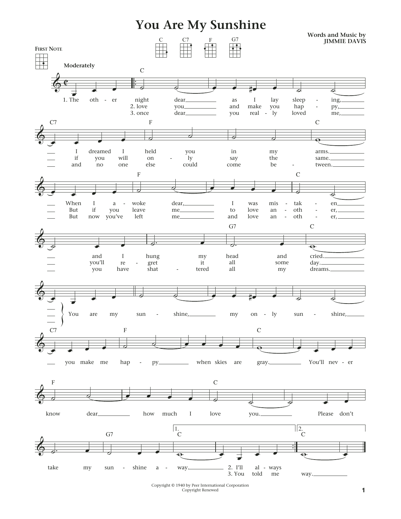 Download Jimmie Davis You Are My Sunshine (from The Daily Uku Sheet Music