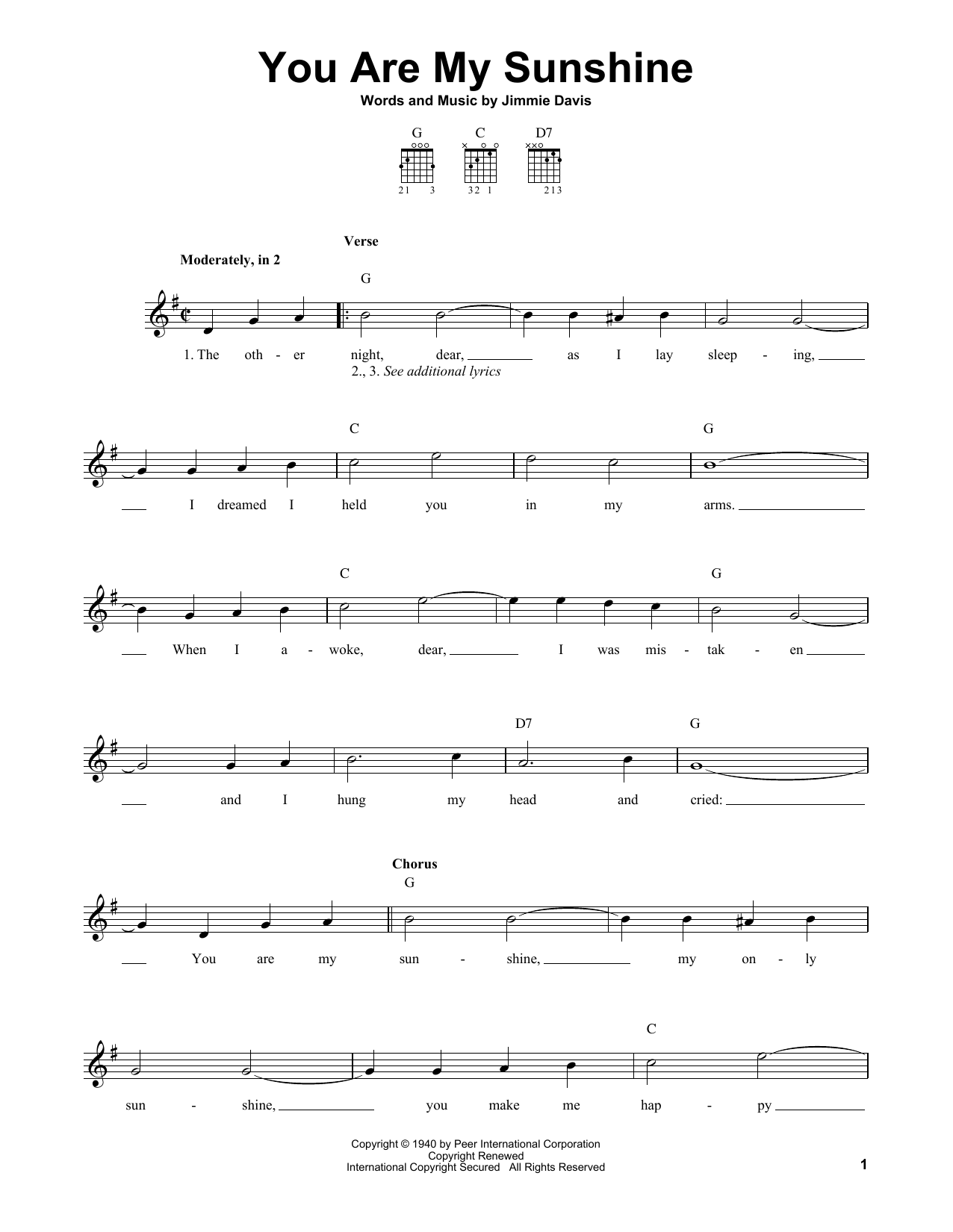 Jimmie Davis You Are My Sunshine sheet music notes printable PDF score