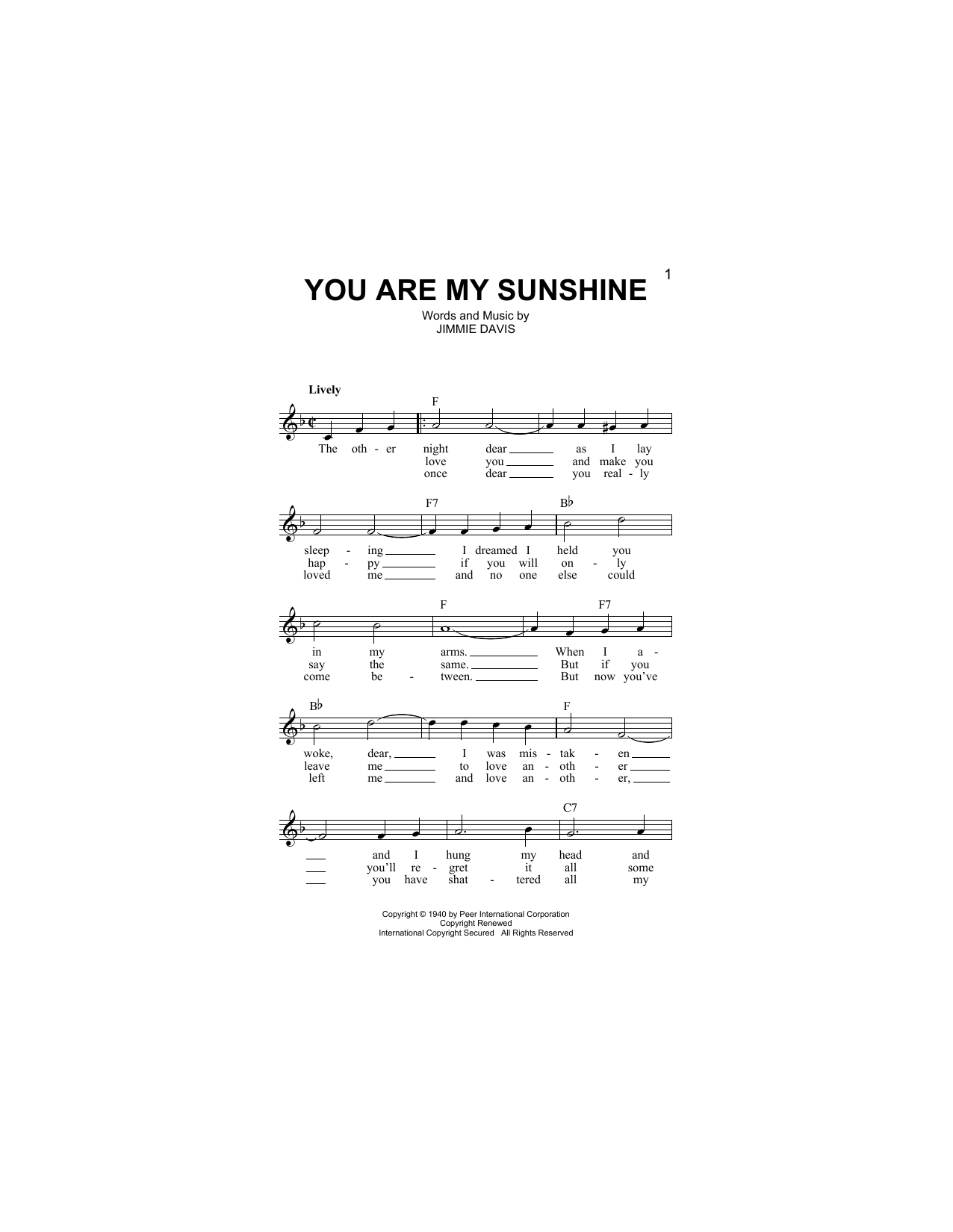 Download Jimmie Davis You Are My Sunshine Sheet Music