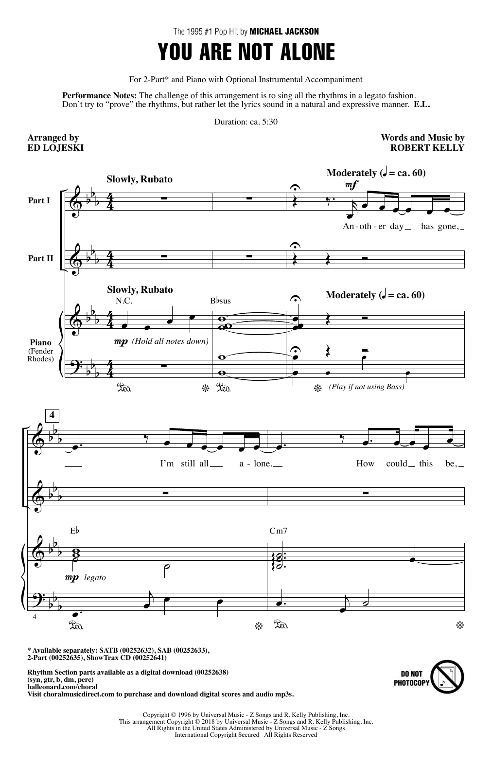 Download Ed Lojeski You Are Not Alone Sheet Music