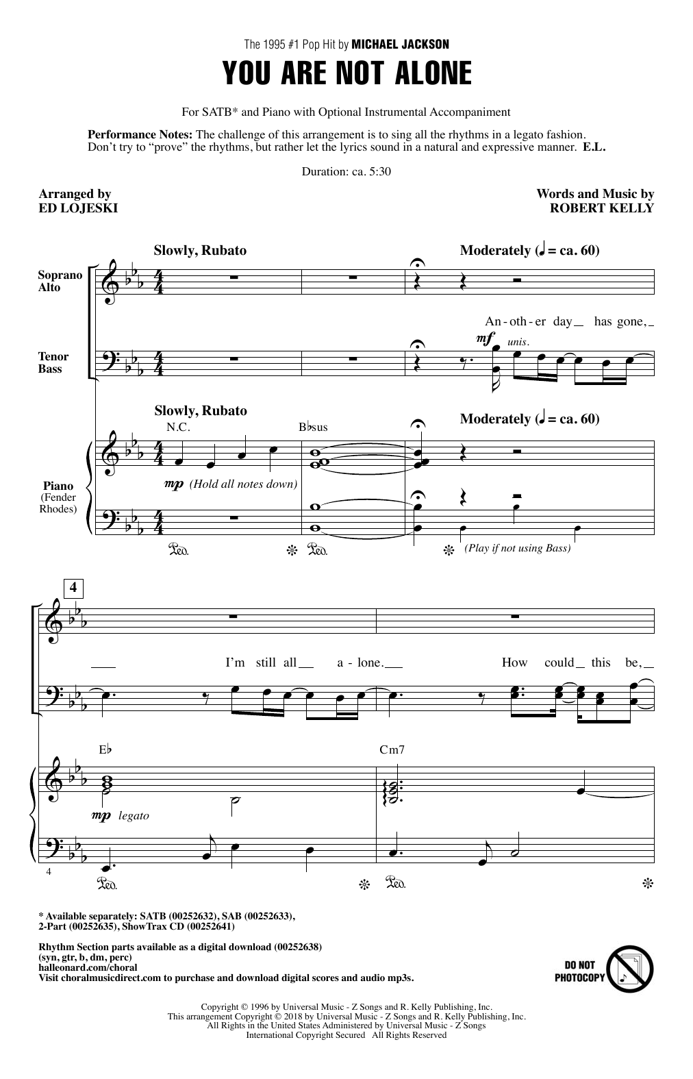 Download Ed Lojeski You Are Not Alone Sheet Music