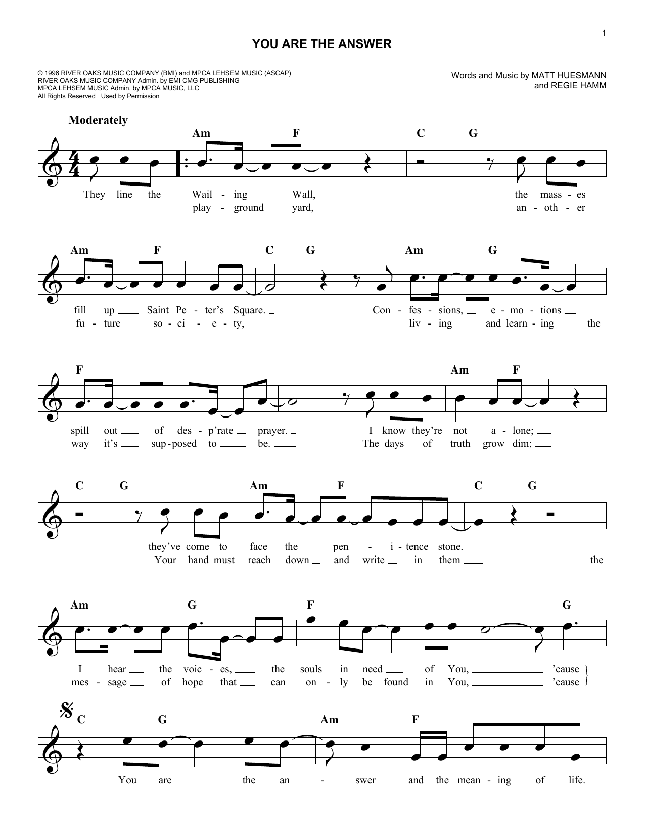 Download Point Of Grace You Are The Answer Sheet Music
