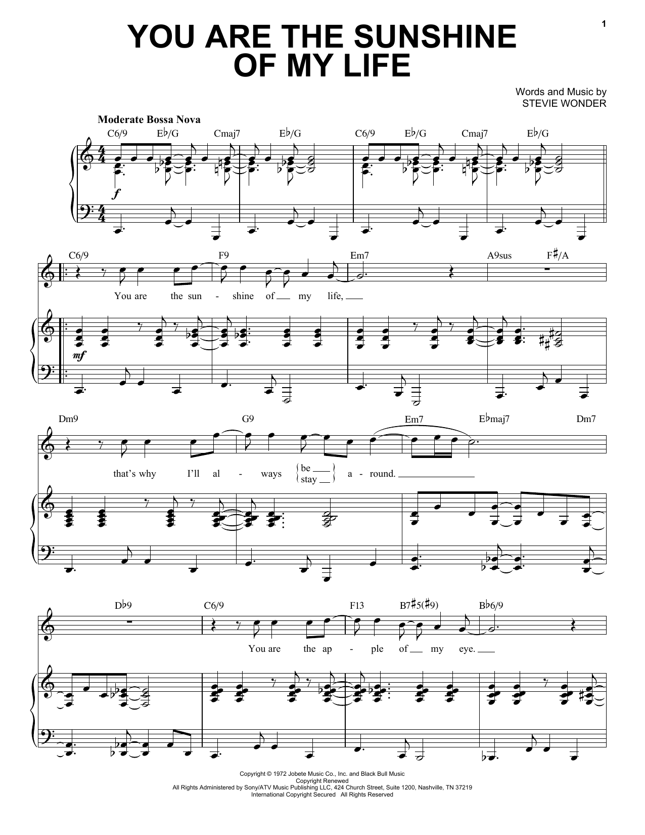 Download Stevie Wonder You Are The Sunshine Of My Life [Jazz v Sheet Music