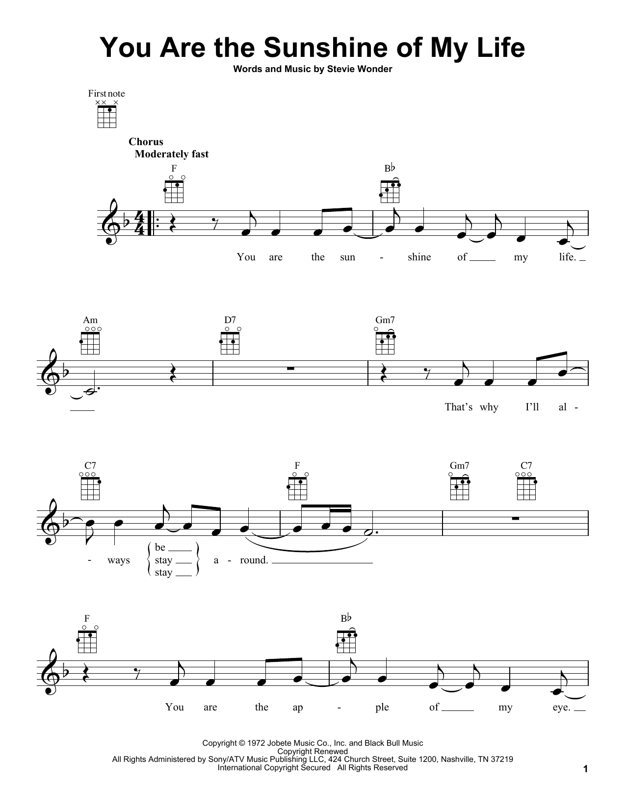 Download Stevie Wonder You Are The Sunshine Of My Life Sheet Music