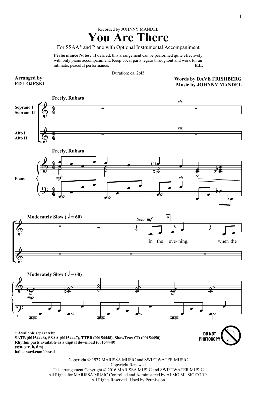 Download Ed Lojeski You Are There Sheet Music
