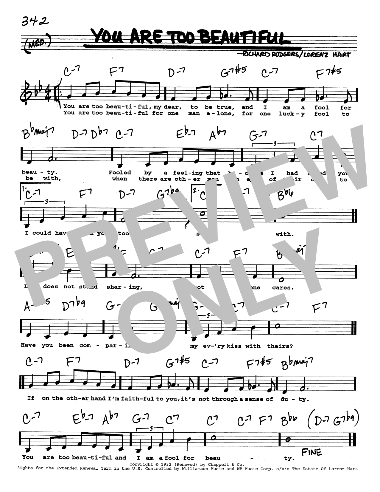 Rodgers & Hart You Are Too Beautiful (Low Voice) sheet music notes printable PDF score