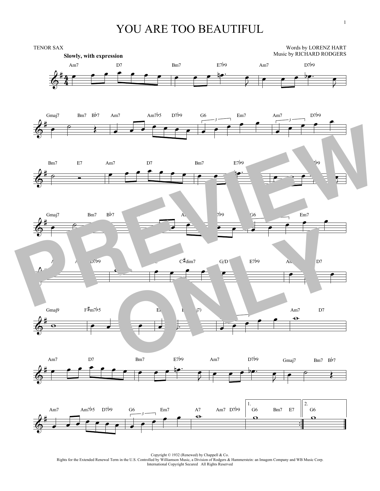 Download Rodgers & Hart You Are Too Beautiful Sheet Music