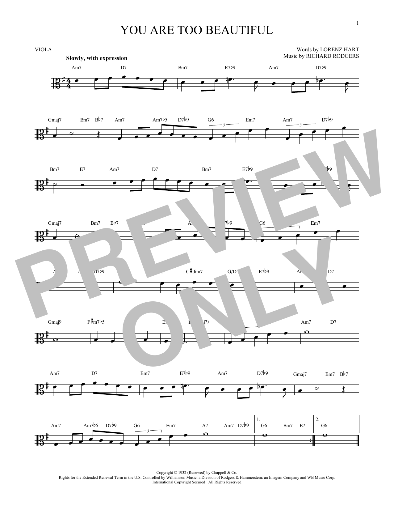 Download Rodgers & Hart You Are Too Beautiful Sheet Music