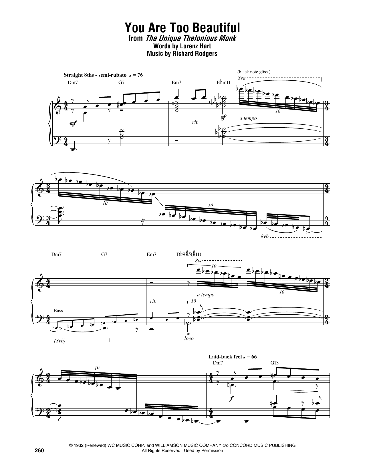 Download Thelonious Monk You Are Too Beautiful Sheet Music
