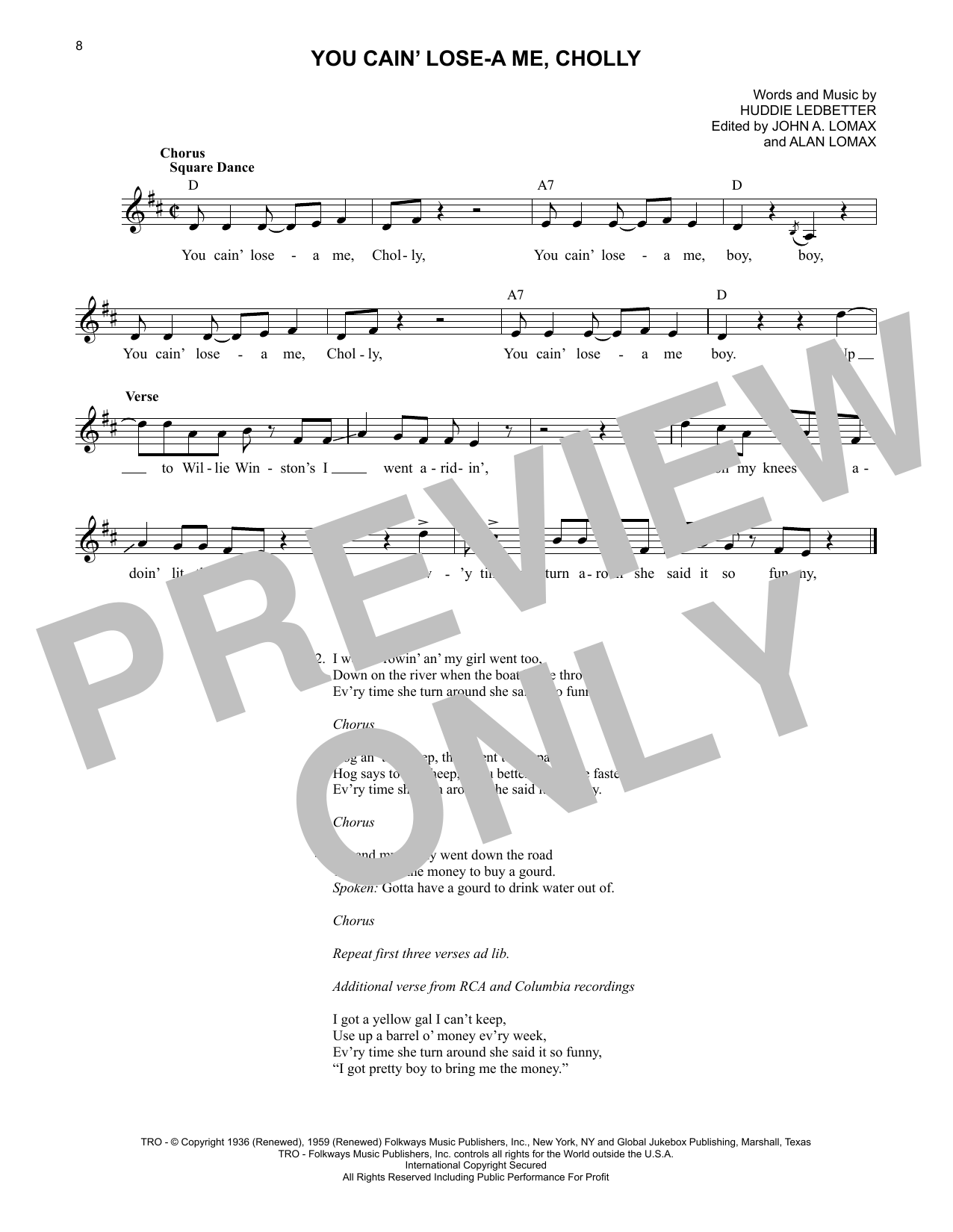 Lead Belly You Cain' Lose-A Me, Cholly sheet music notes printable PDF score