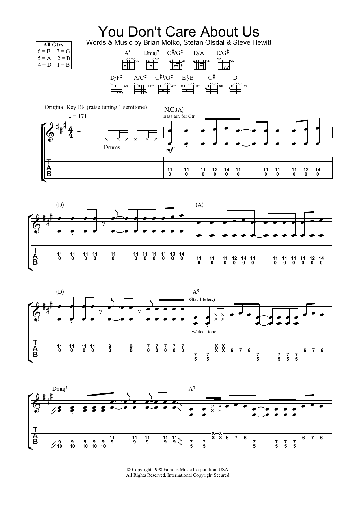 Download Placebo You Don't Care About Us Sheet Music