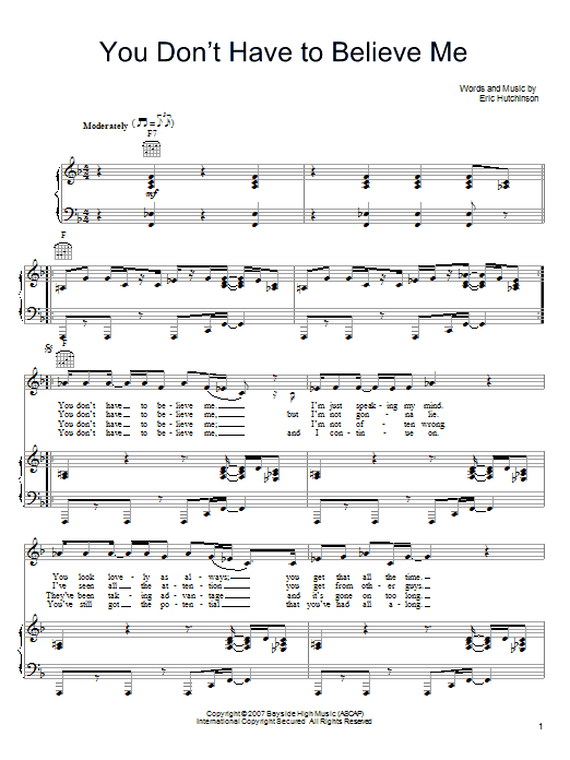 Download Eric Hutchinson You Don't Have To Believe Me Sheet Music