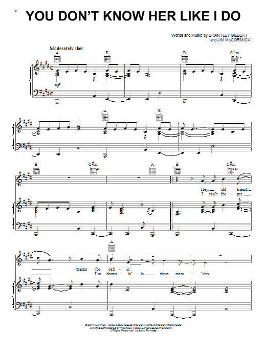 Download Brantley Gilbert You Don't Know Her Like I Do Sheet Music