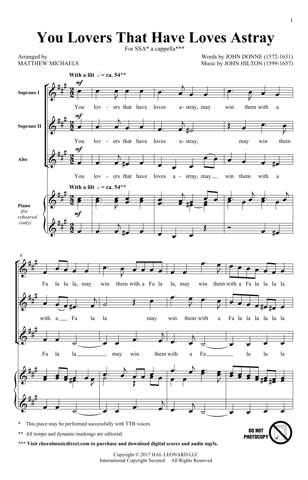 Download Matthew Michaels You Lovers That Have Loves Astray Sheet Music