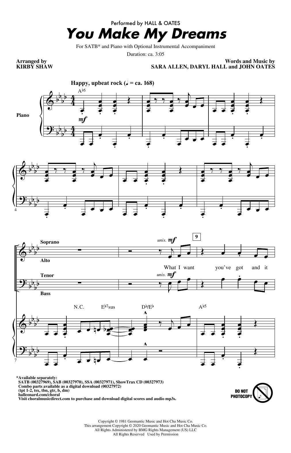 Download Hall & Oates You Make My Dreams (arr. Kirby Shaw) Sheet Music