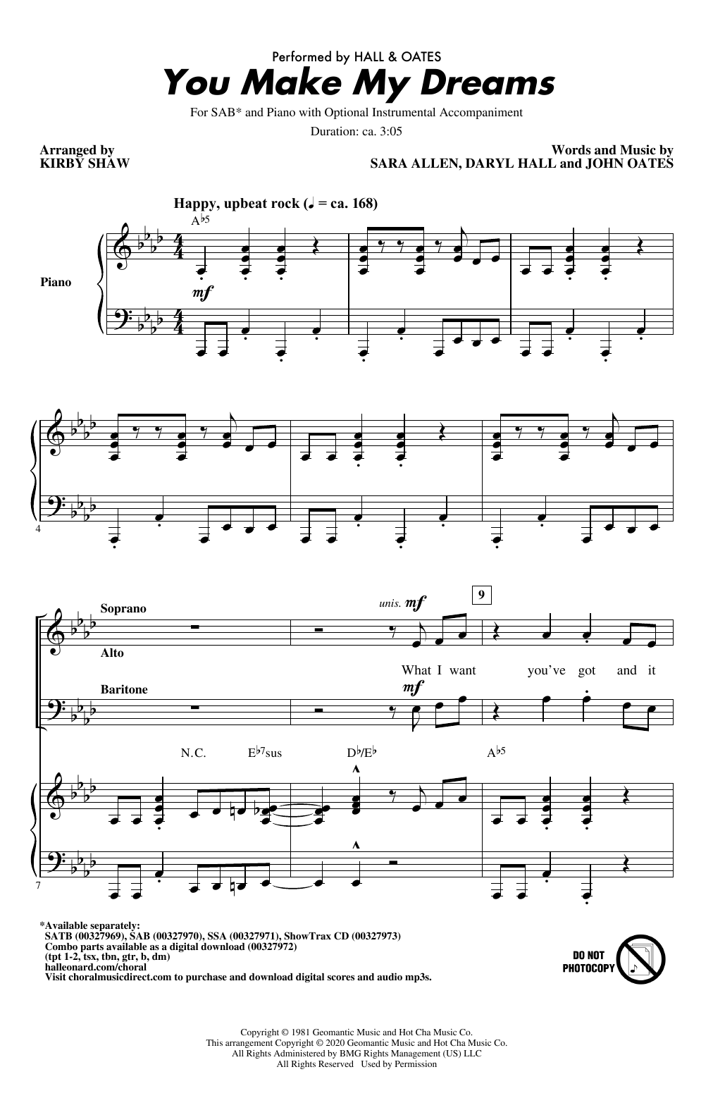 Download Hall & Oates You Make My Dreams (arr. Kirby Shaw) Sheet Music