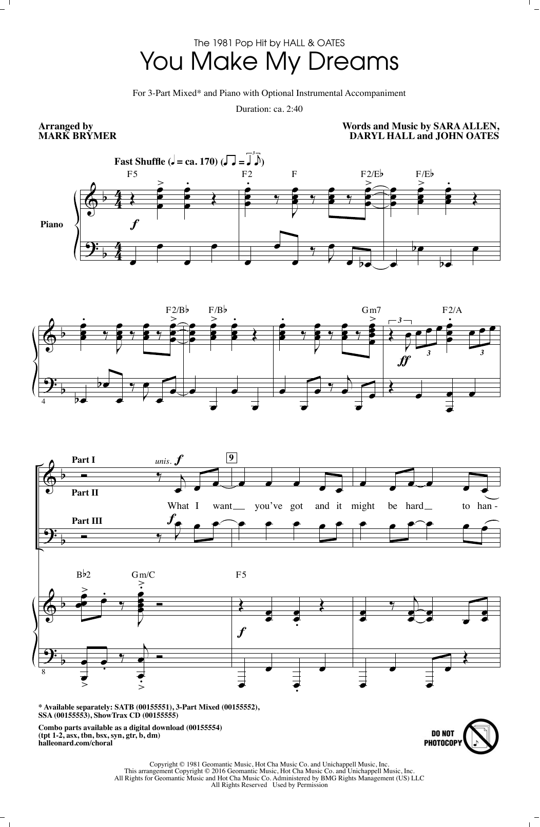 Download Hall & Oates You Make My Dreams (arr. Mark Brymer) Sheet Music