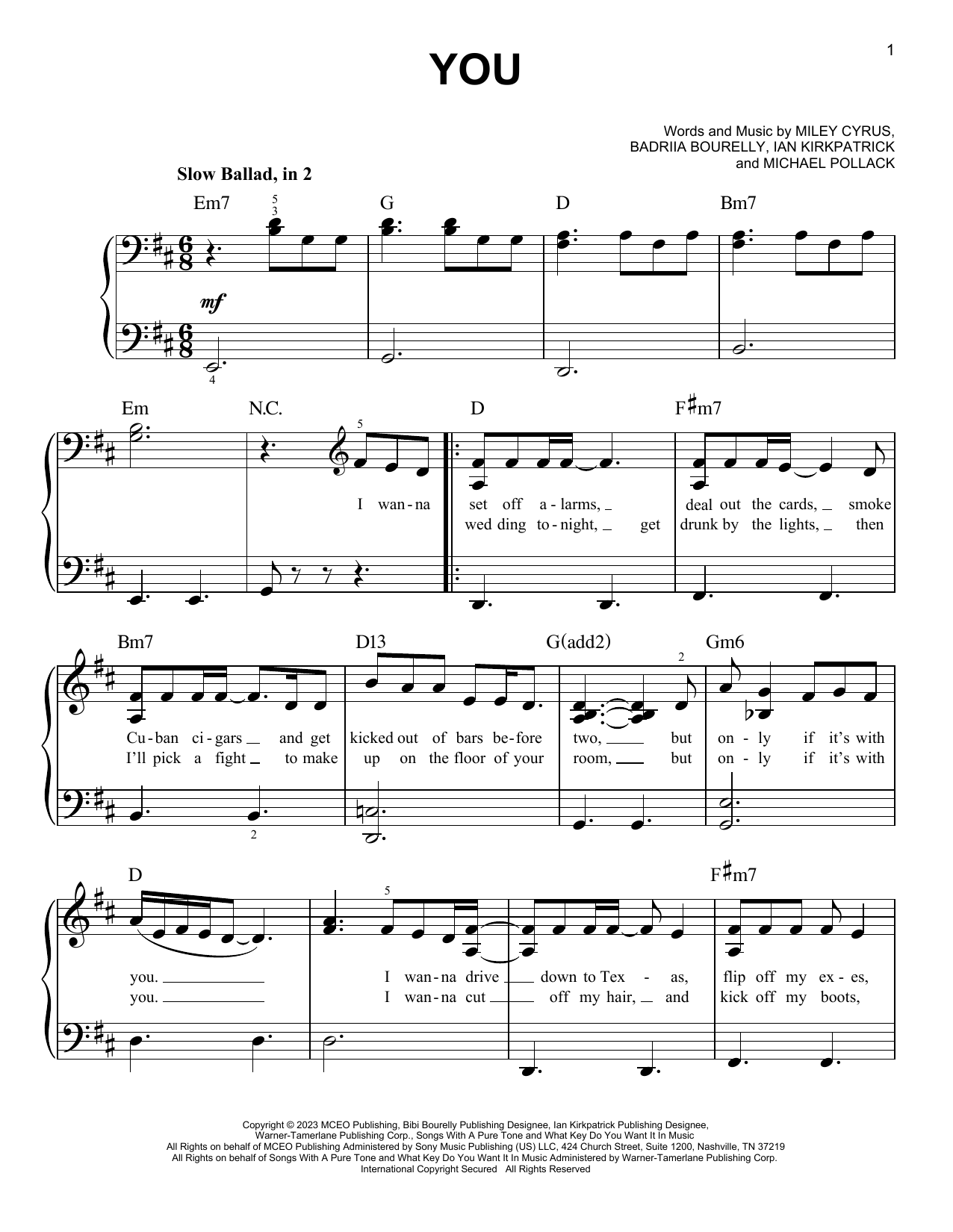Download Miley Cyrus You Sheet Music