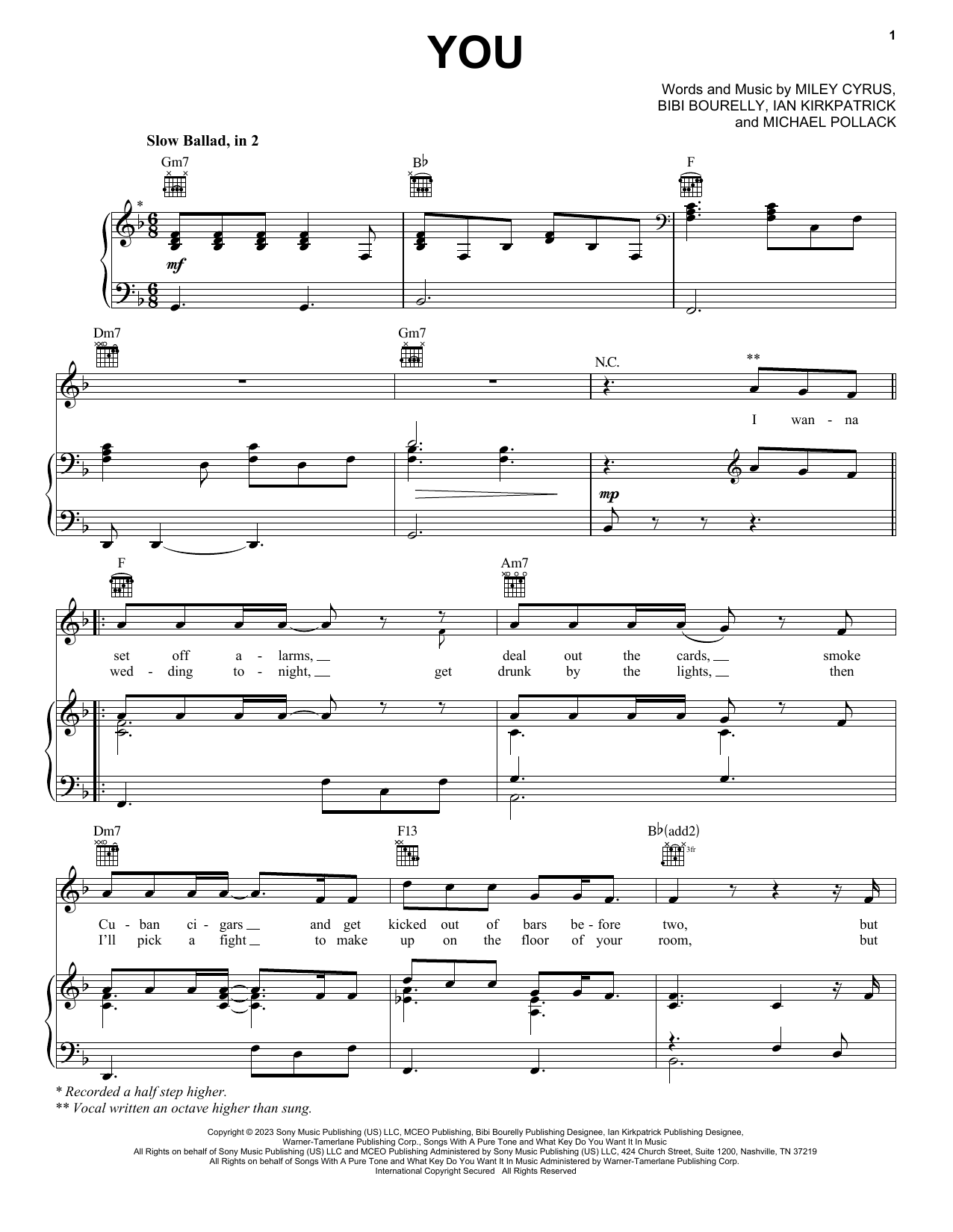 Miley Cyrus You sheet music notes printable PDF score